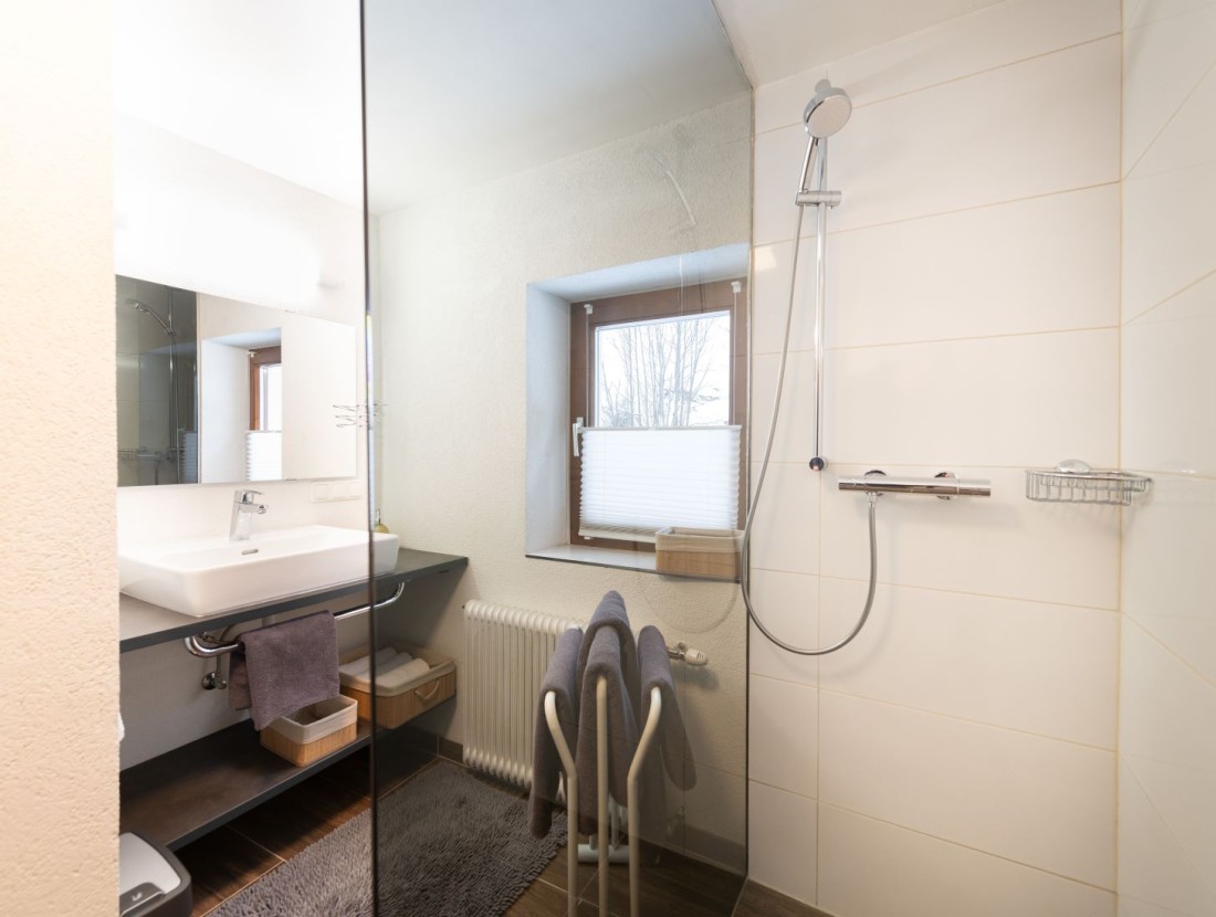 Badezimmer mit Dusche und Waschbecken